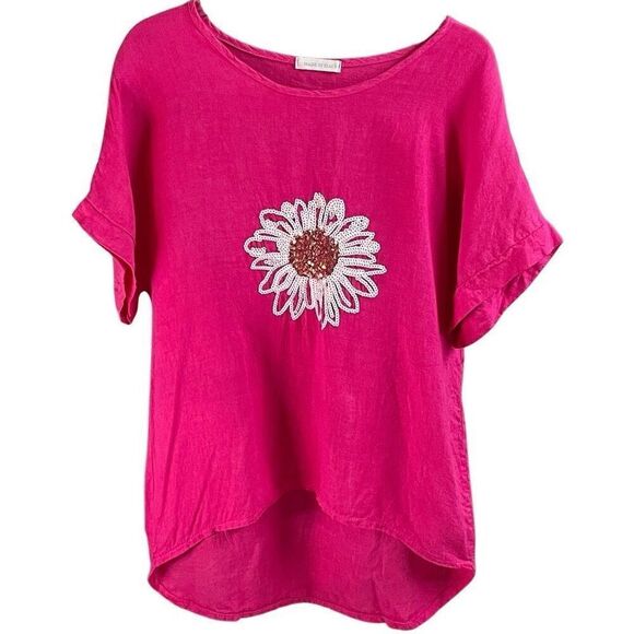 MADE IN ITALY Women’s Linen Sequined Flower Blouse Short Sleeve Size L Floral - Picture 1 of 8